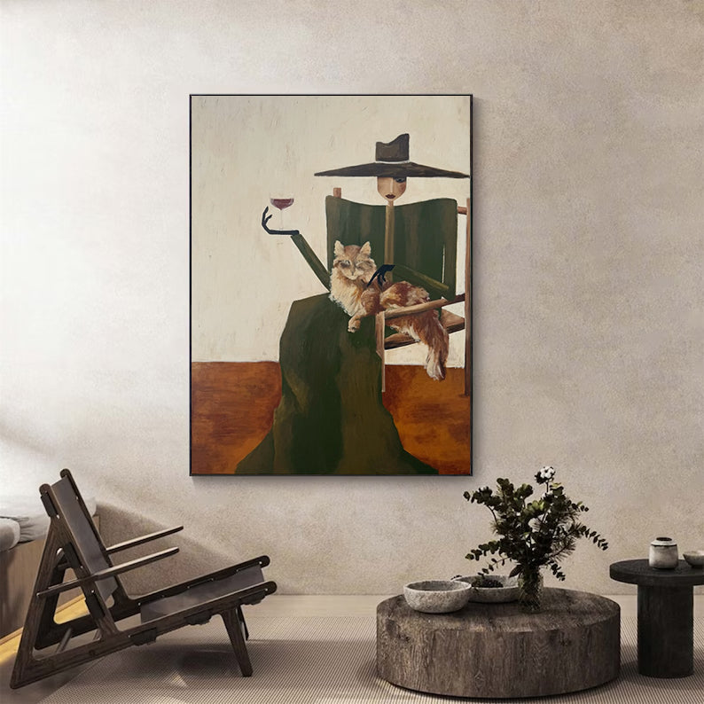 Hand-Painted Woman & Cat Oil Painting | Modern Minimalist Wall Art