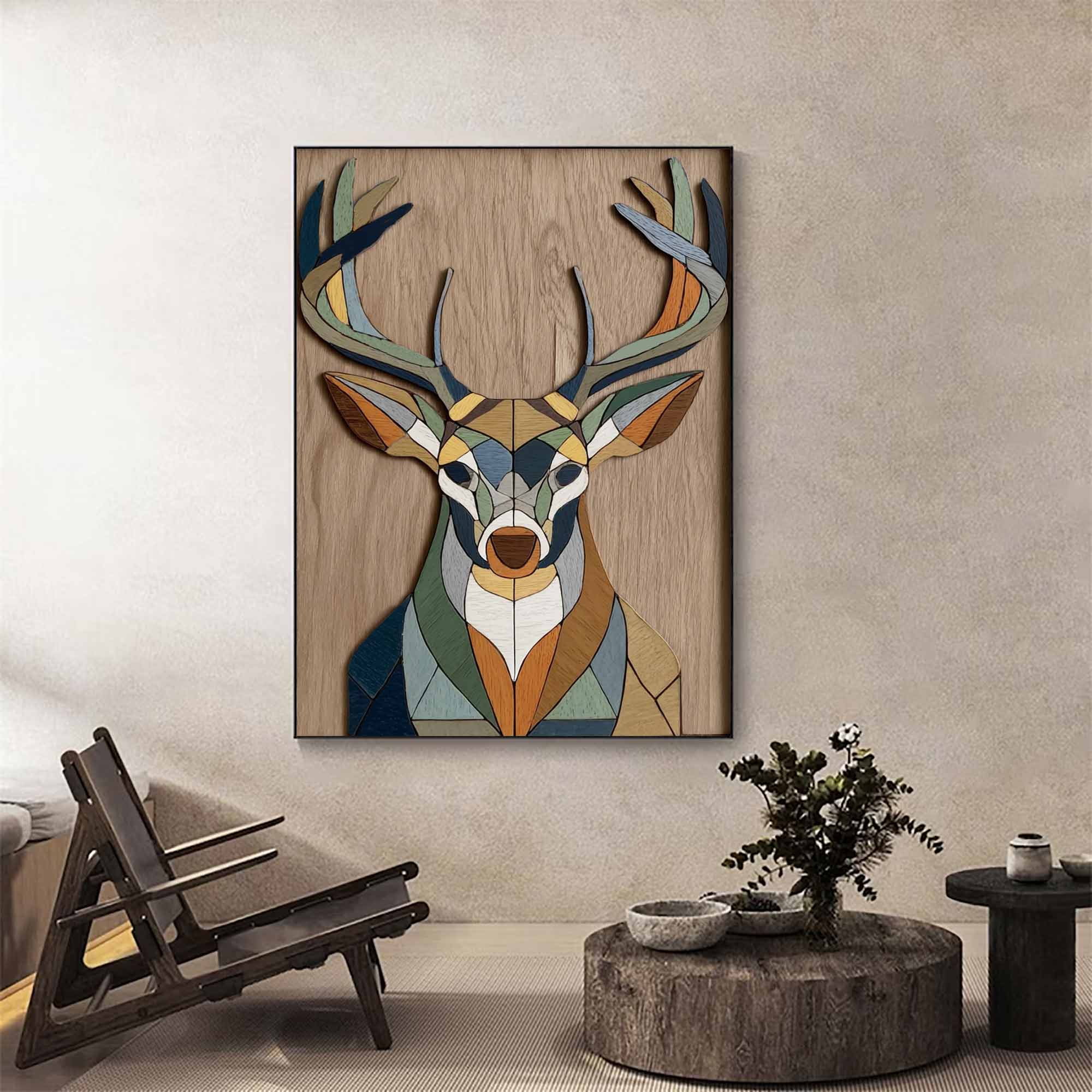 Contemporary animal geometric decor wooden Minimalist stag wall art 