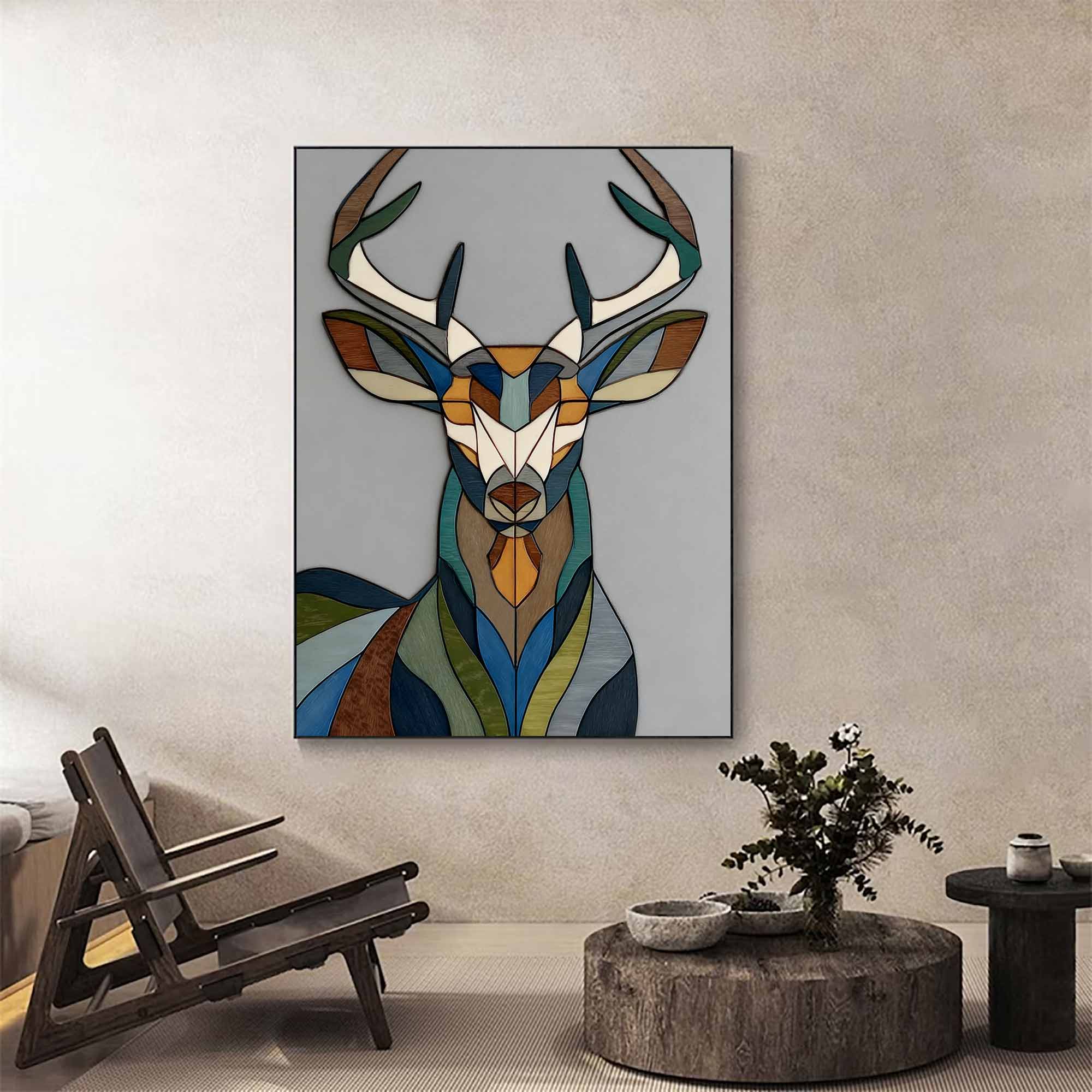 Colorful abstract deer painting on a wall in a living room setting.