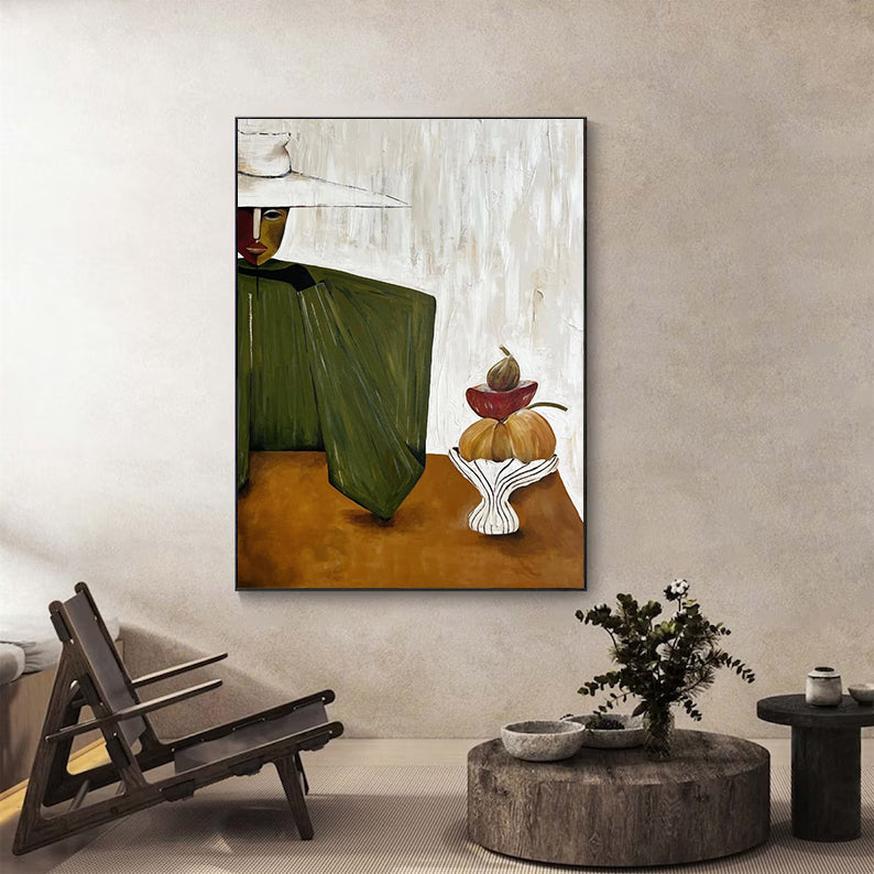 Olive Green Mid-Century Modern Abstract Oil Painting - Harvest Still Life
