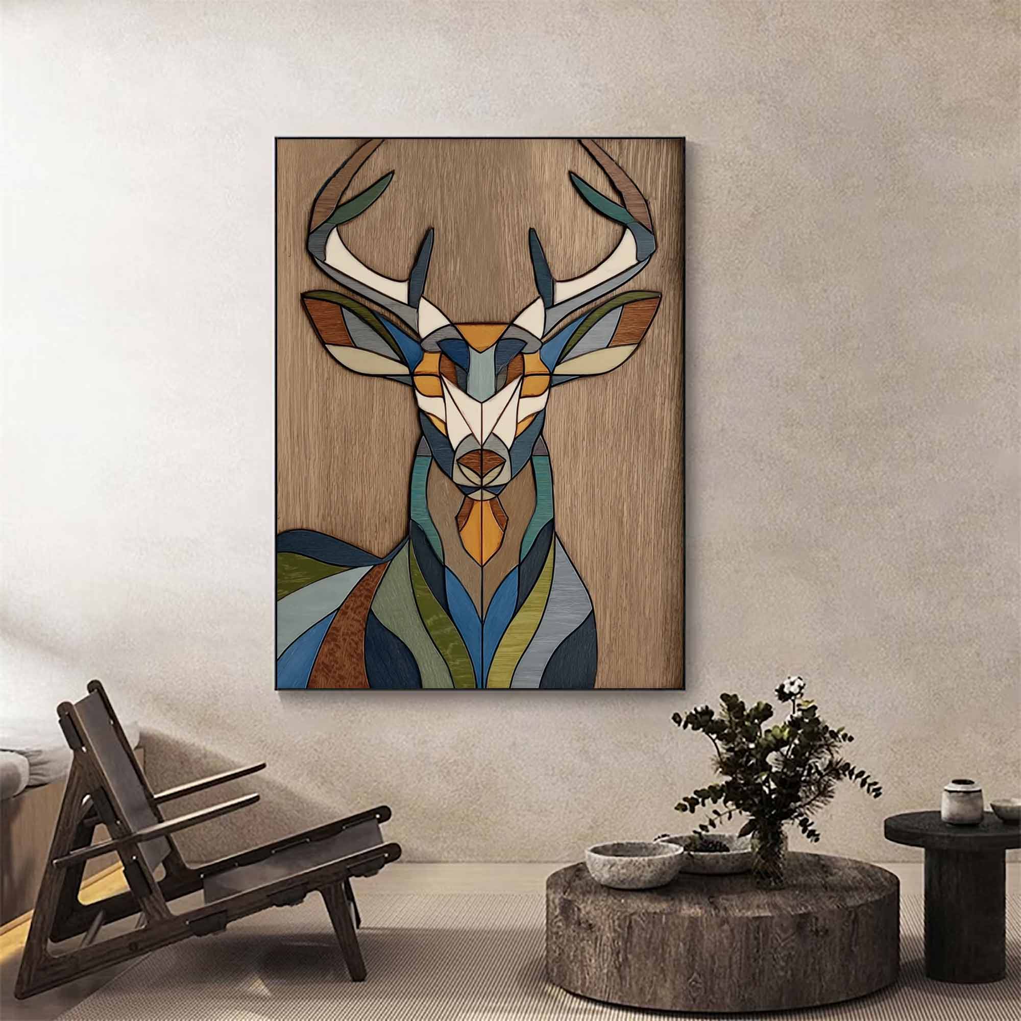 Geometric deer head wood wall art Stained wood style deer wall decor