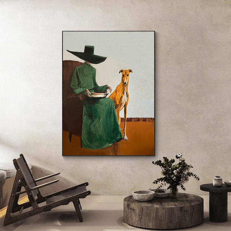 Vintage Fashion Painting Woman with Greyhound Painting Surrealist Figure Art 