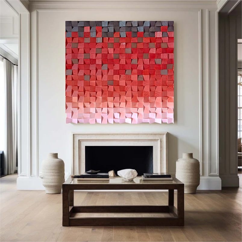 Wood wall Decor Red Wood Block Art Geometric Wood Art Sculptured art