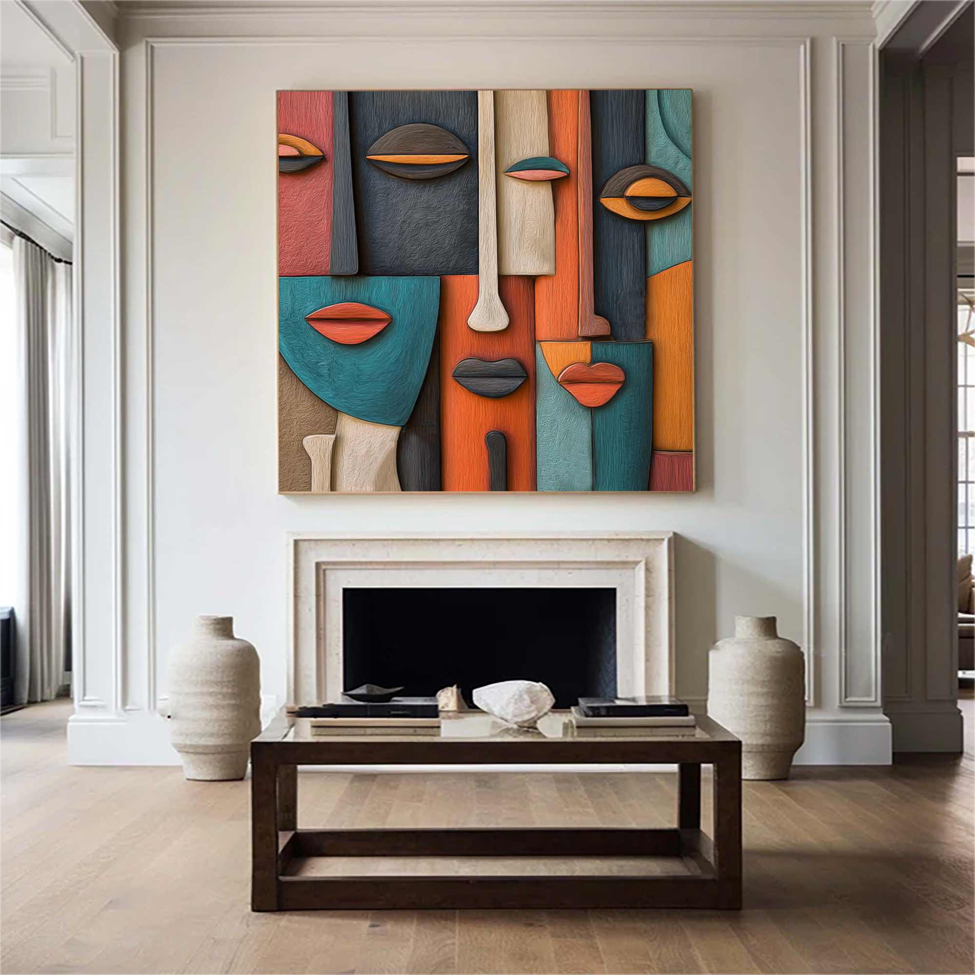 Hand-Painted Wood Carving Wall Art face Abstract 3D Textured Sculpture