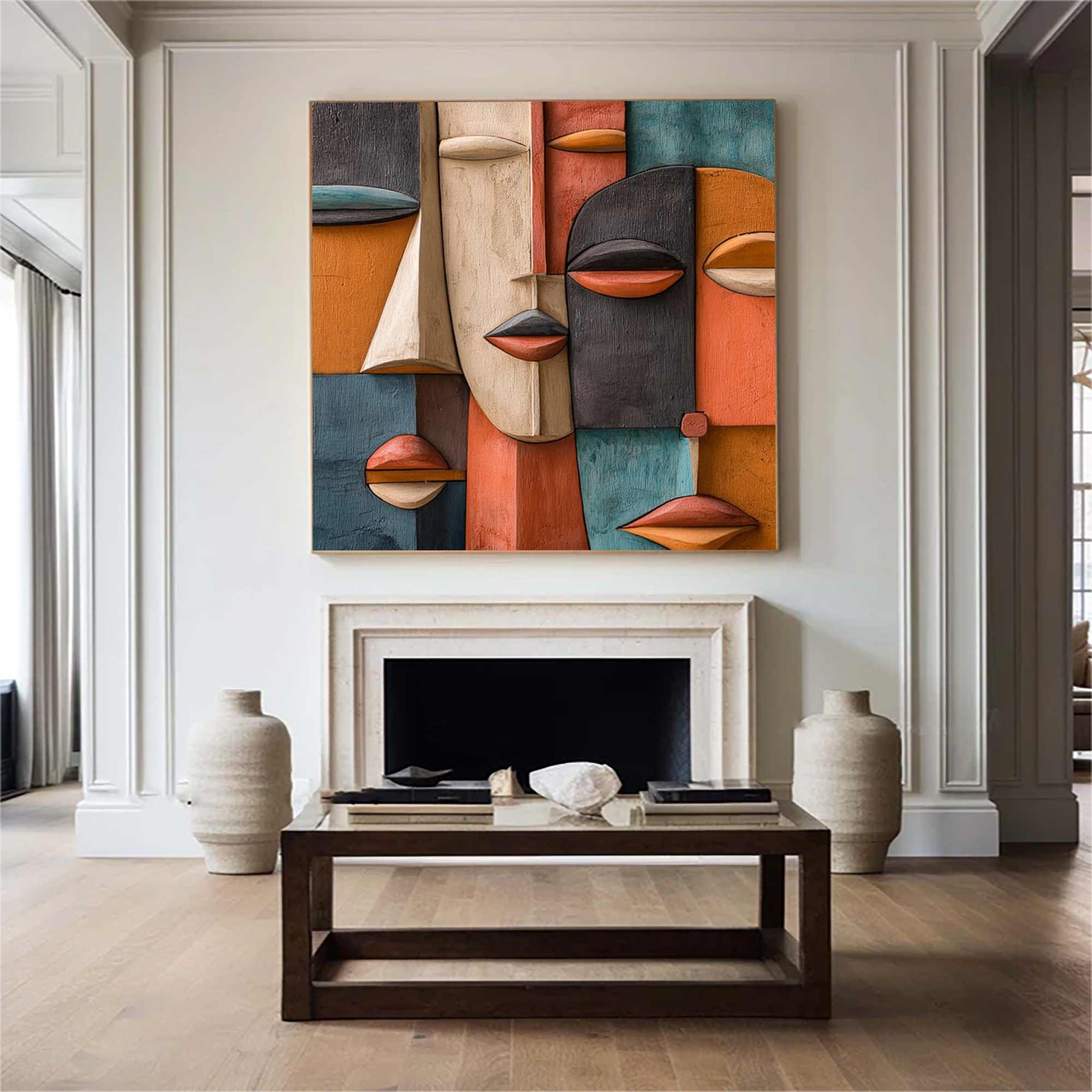 Hand-Painted Wood Carving Wall Art face Abstract 3D Textured Sculpture