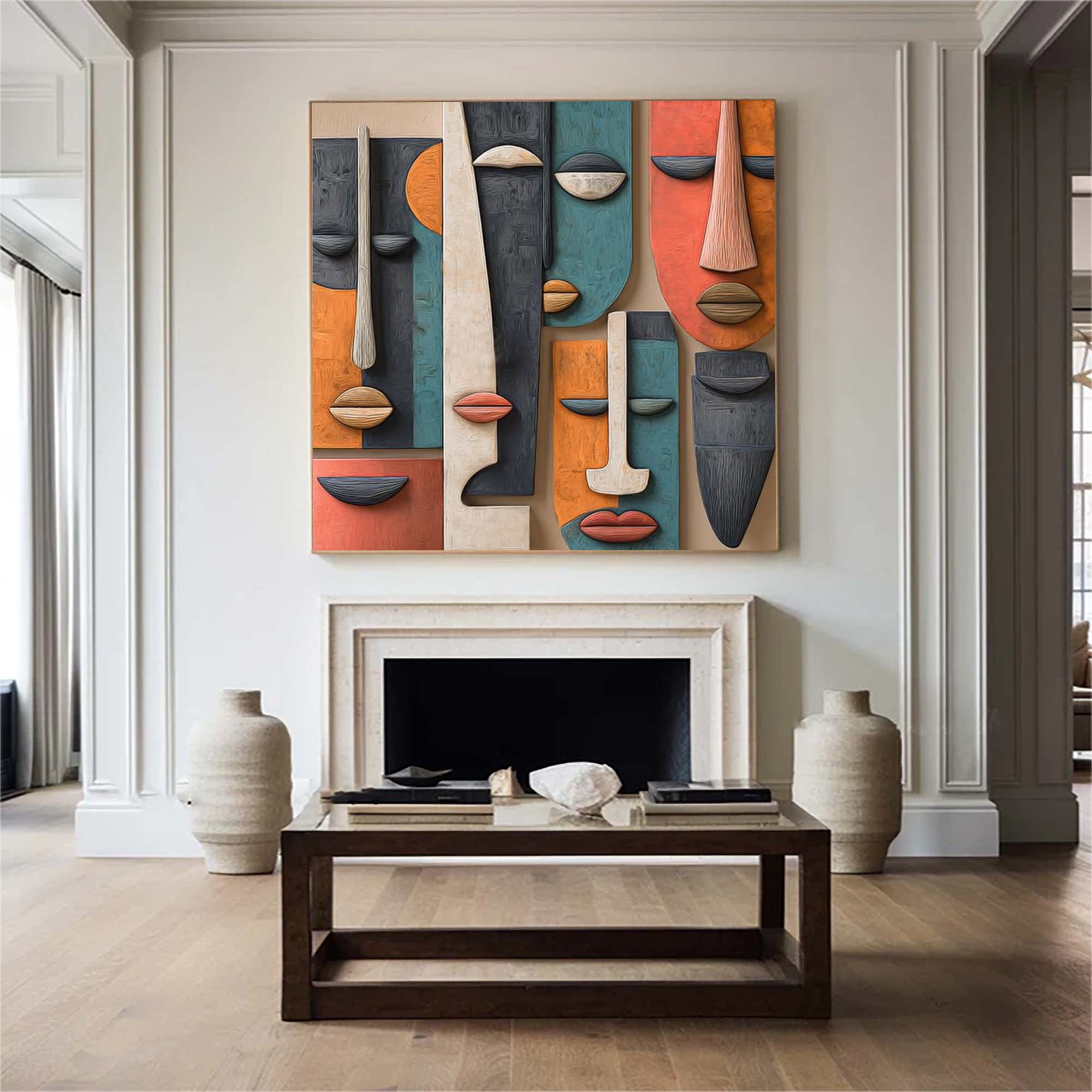 Hand-Painted Wood Carving Wall Art face Abstract 3D Textured Sculpture