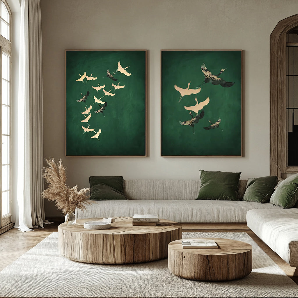 Set of 2 green art painting White crane painting, bird painting
