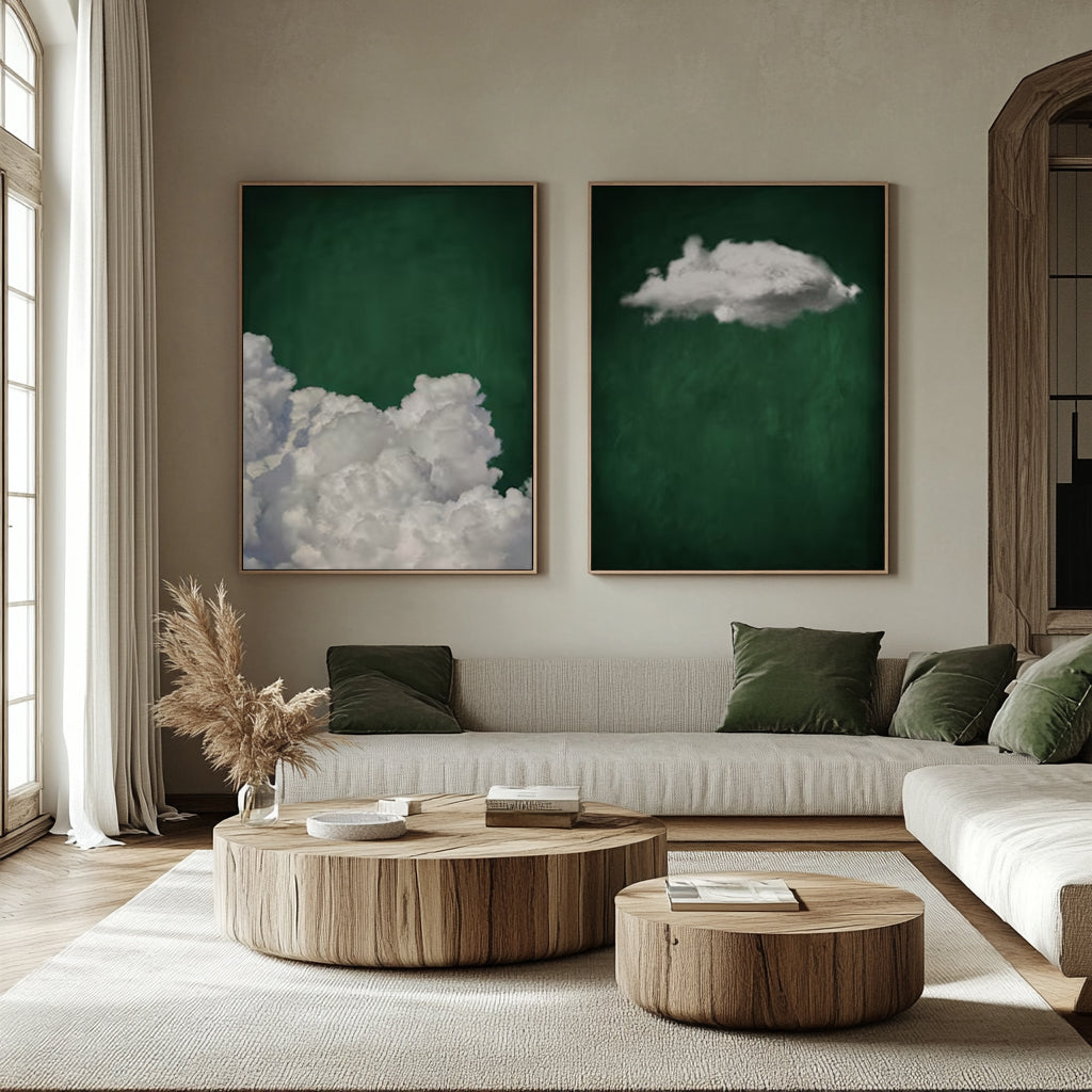 Set of 2 green art white cloud sky painting green abstract painting