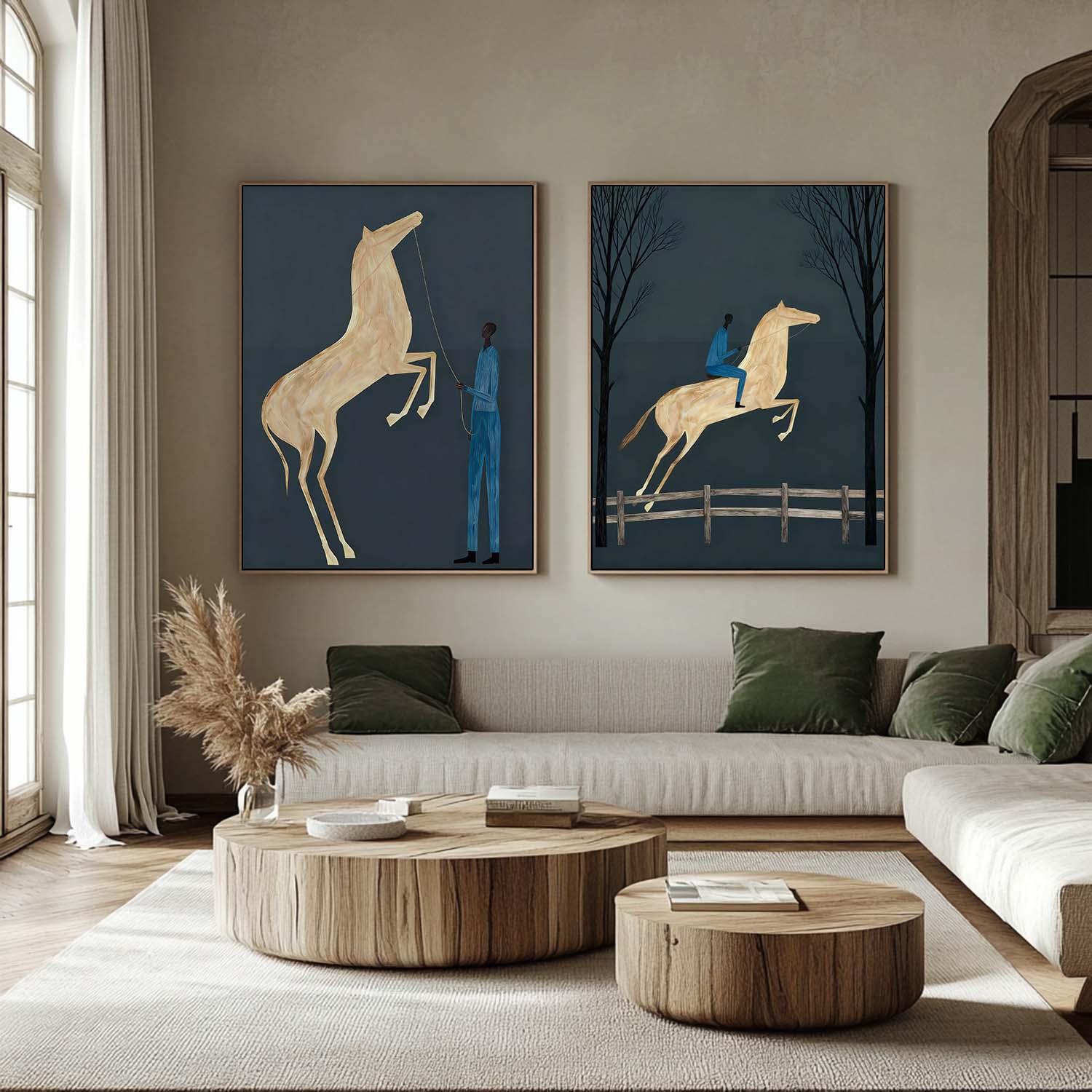 Modern Minimalist Equestrian Oil Painting Set - Deep Teal Horse Wall Art  for Living Room