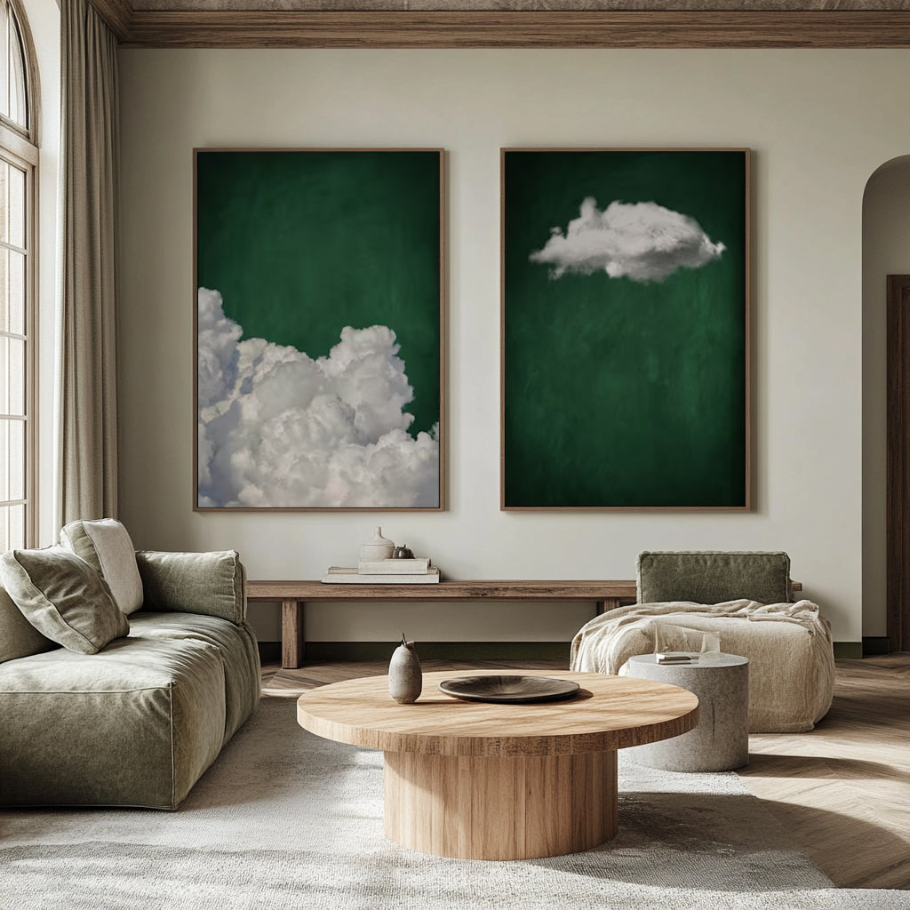 Set of 2 green art white cloud sky painting green abstract painting