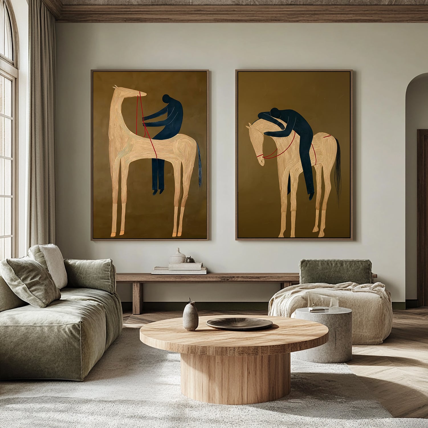 Set of 2 Equestrian Art Decor Minimalist Horse and Man Painting