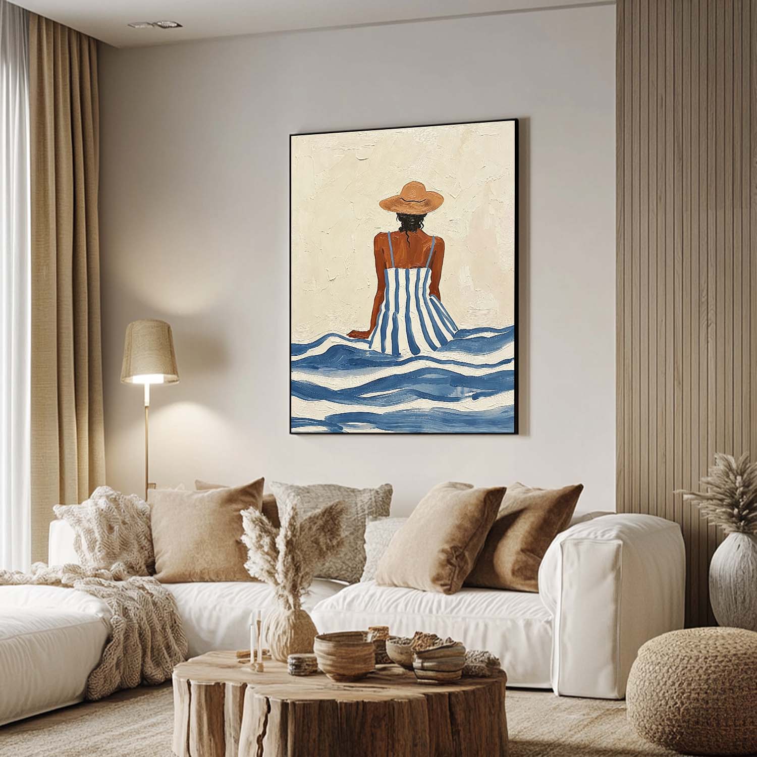 Summer Beach Wall Art – Woman Canvas Painting Coastal Canvas Artwork for Living Room