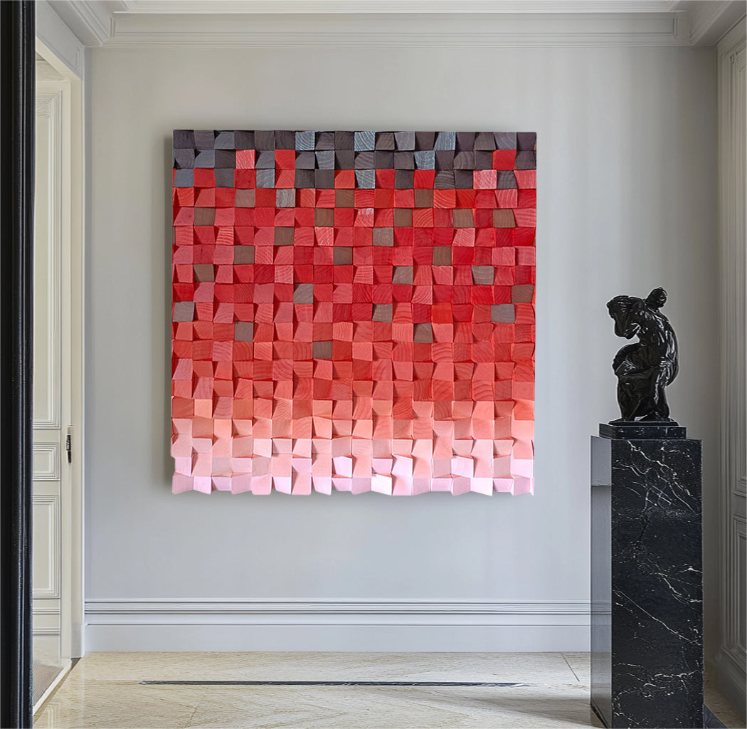 Wood wall Decor Red Wood Block Art Geometric Wood Art Sculptured art