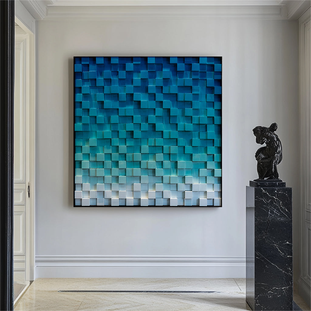 Blue Wood wall Decor Wood Block Art Geometric Wood Art Sculptured art