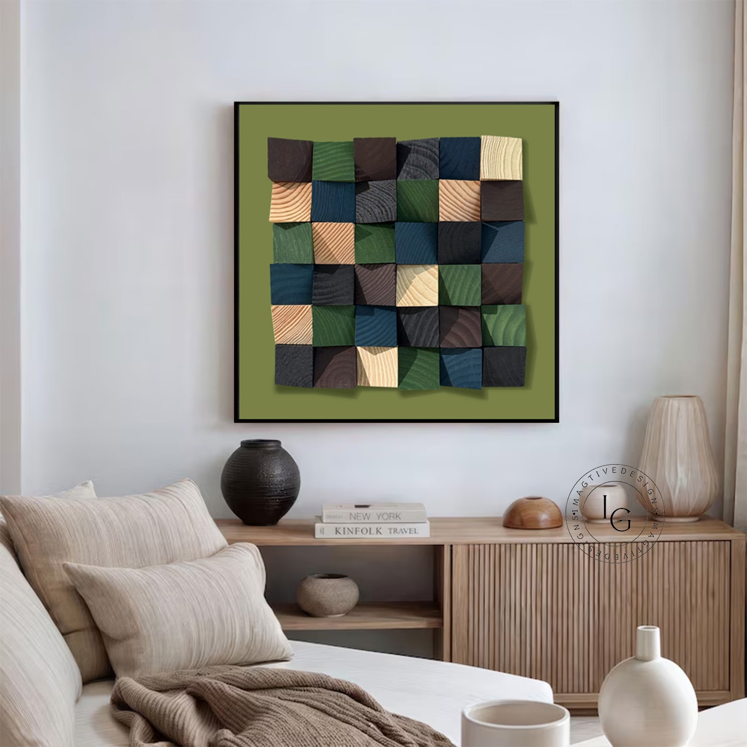Green wood wall Textured Art Colorful Wood collage decor painting