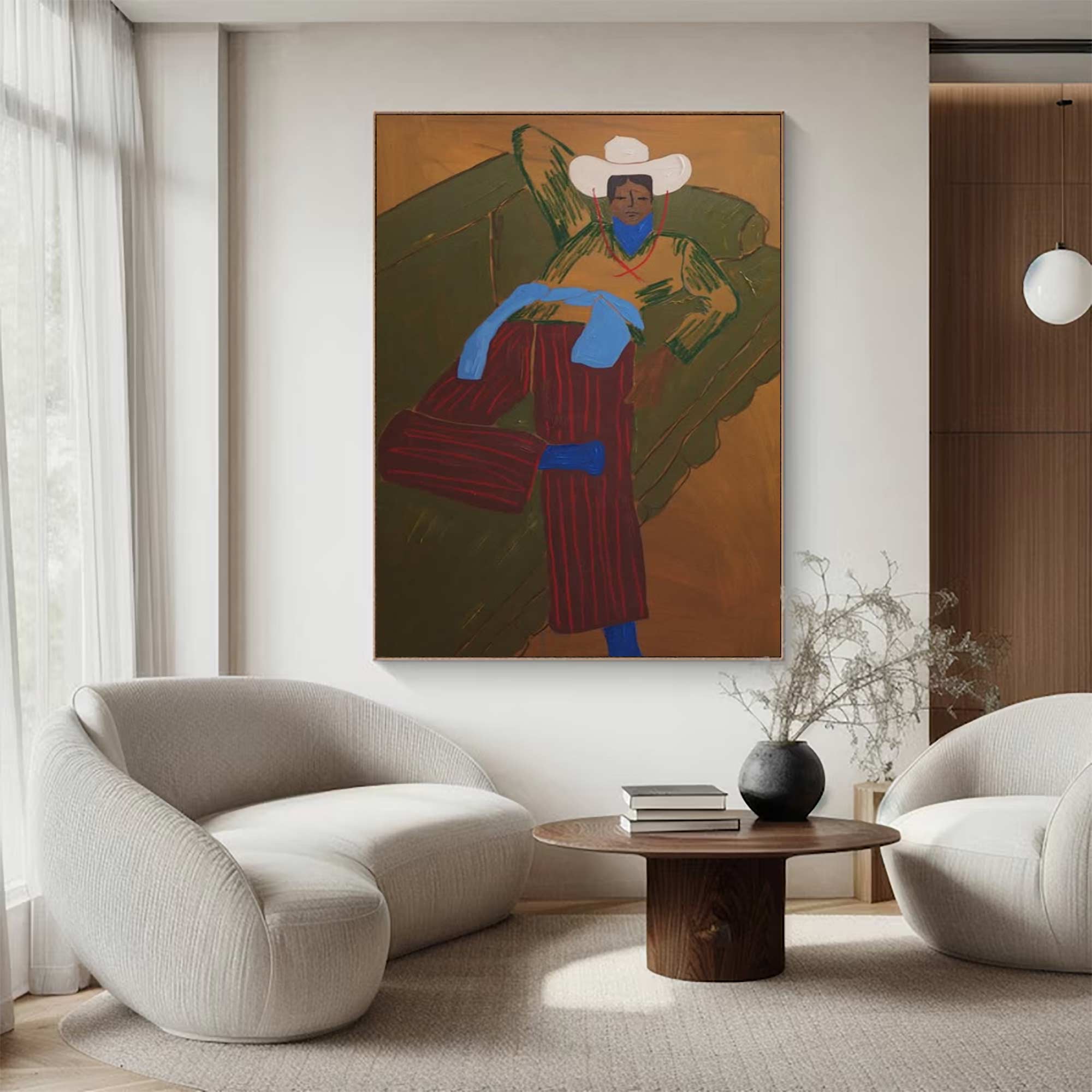 Retro Cowboy Portrait Art Painting contemporary Quirky Male Figure Decor