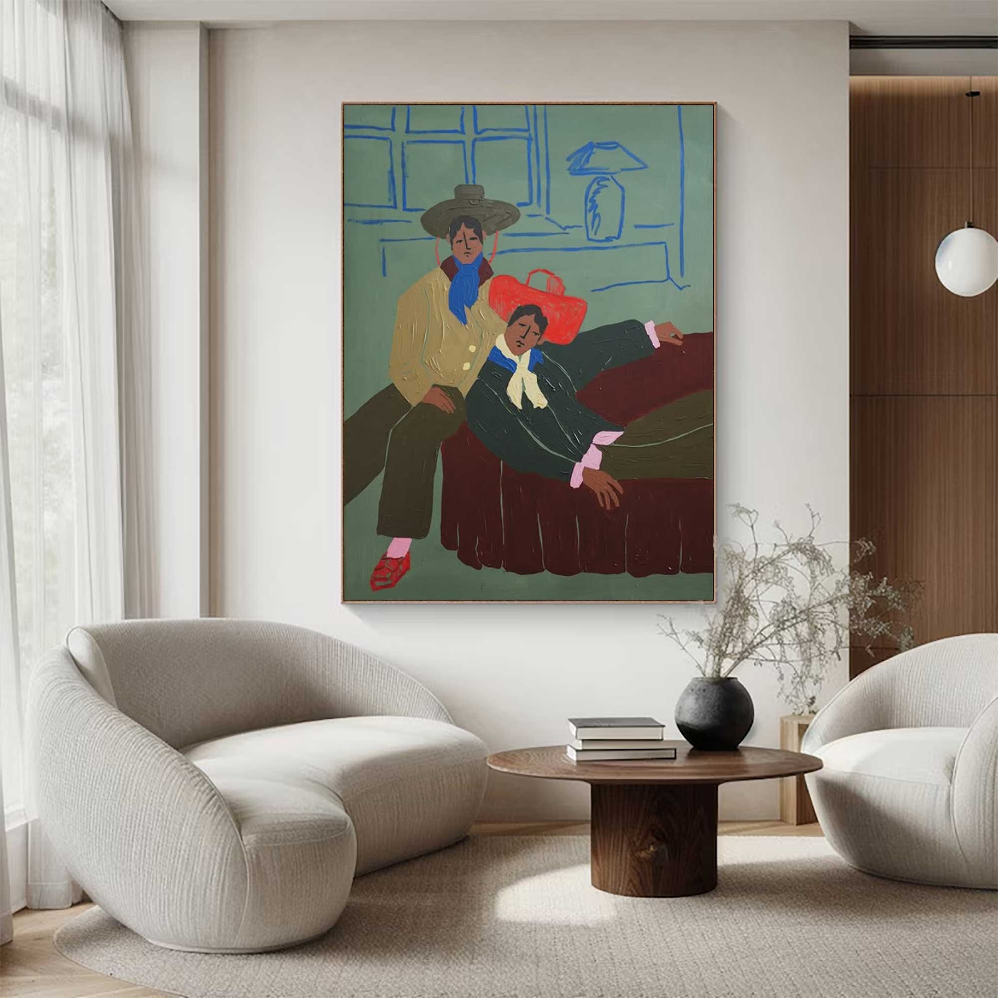 Bold Color Figurative Art folk art painting of two men in retro cowboy hats