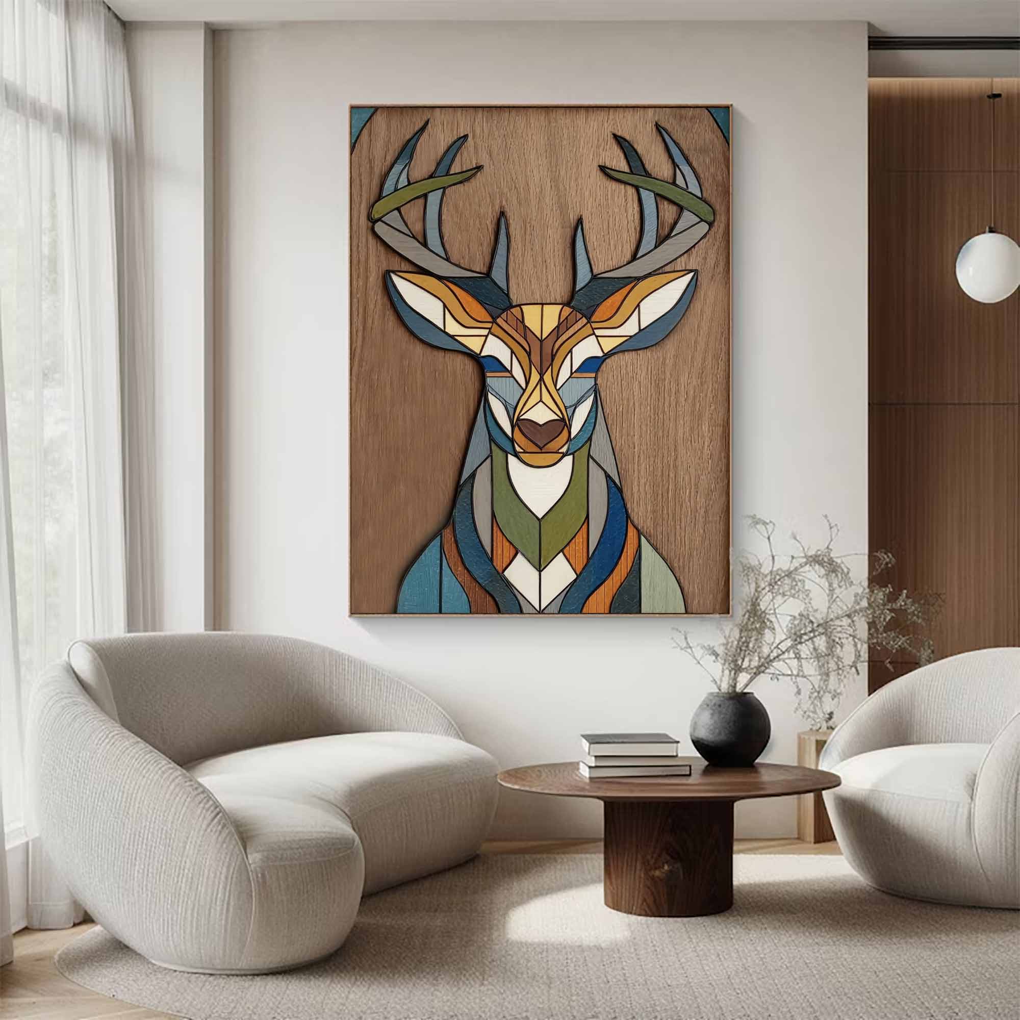 colorful Abstract wooden deer art Living room geometric deer decor