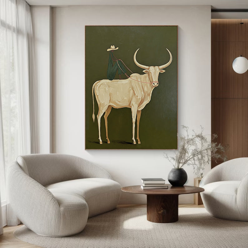Abstract bull and Rider Wall Art - Minimalist Equestrian Painting