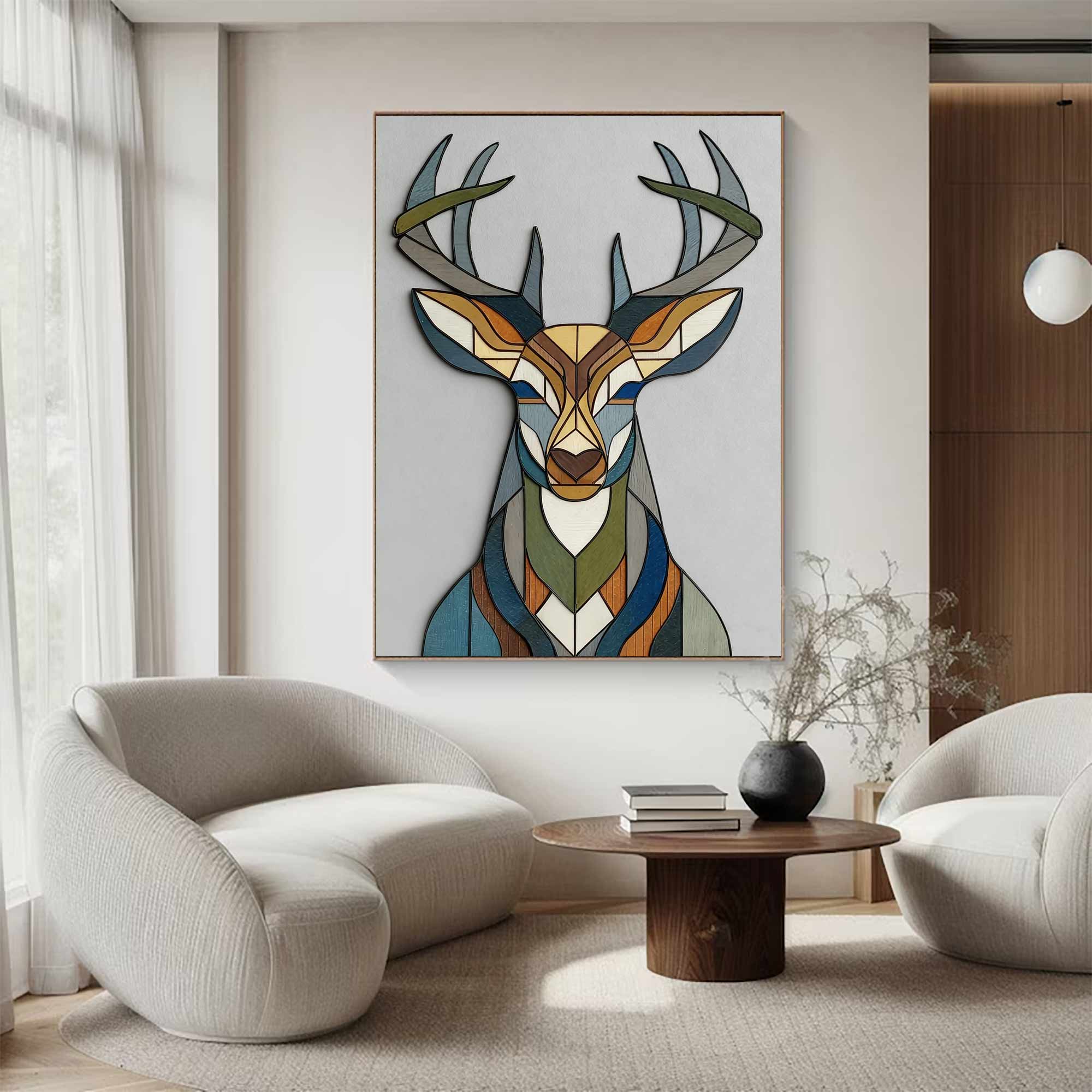 Modern living room with abstract deer artwork on the wall