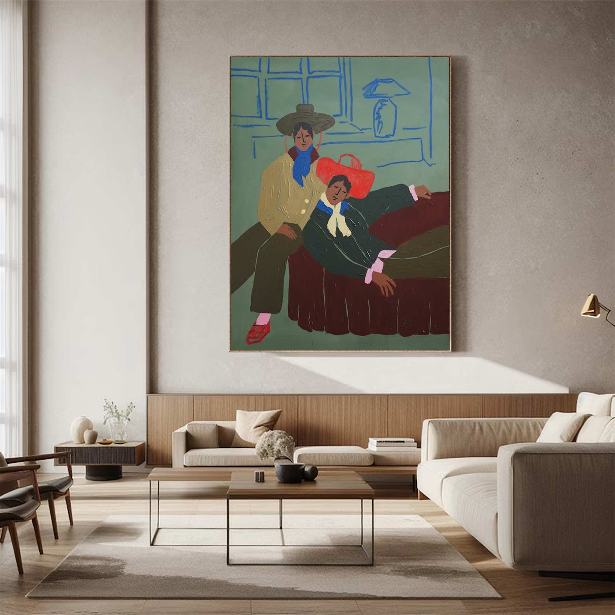 Bold Color Figurative Art folk art painting of two men in retro cowboy hats