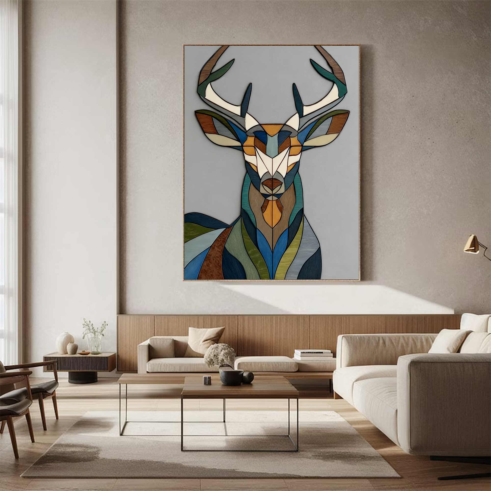 Modern living room with a colorful deer painting on the wall.
