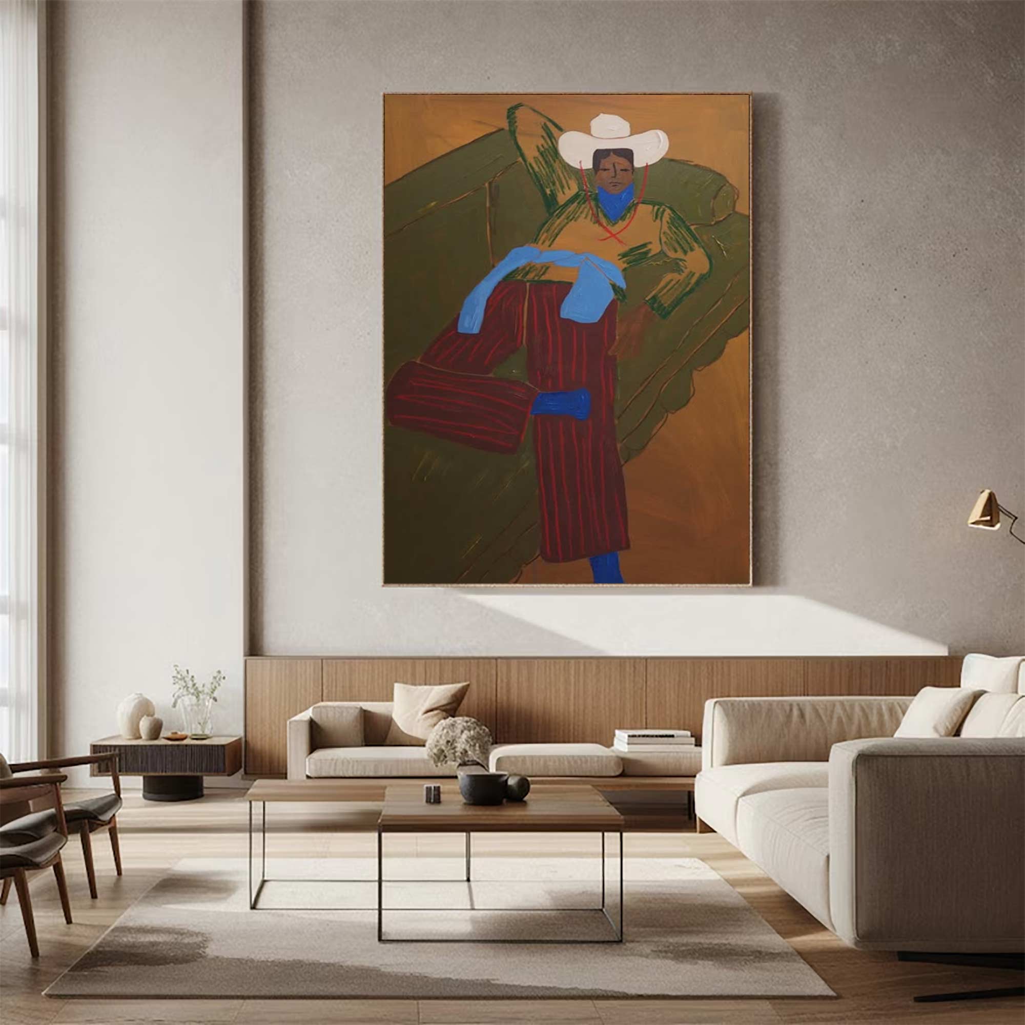 Retro Cowboy Portrait Art Painting contemporary Quirky Male Figure Decor