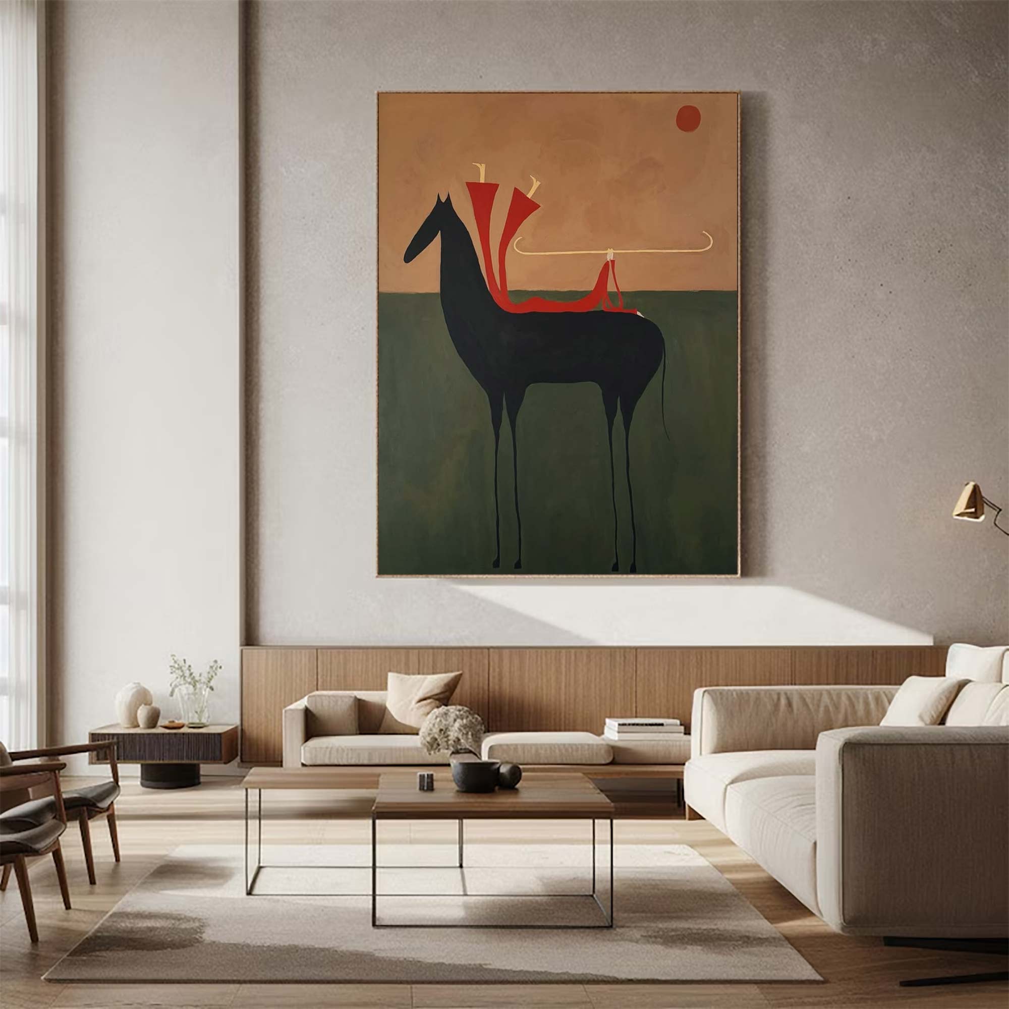 Surreal Horse & Rider Art Painting Whimsical Folk Art Wall Decor Quirky Equestrian Painting