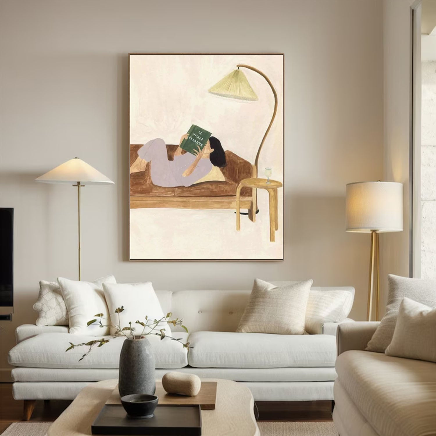 Modern Figurative Canvas Decor, Aesthetic Woman on Sofa, Neutral Tone Art