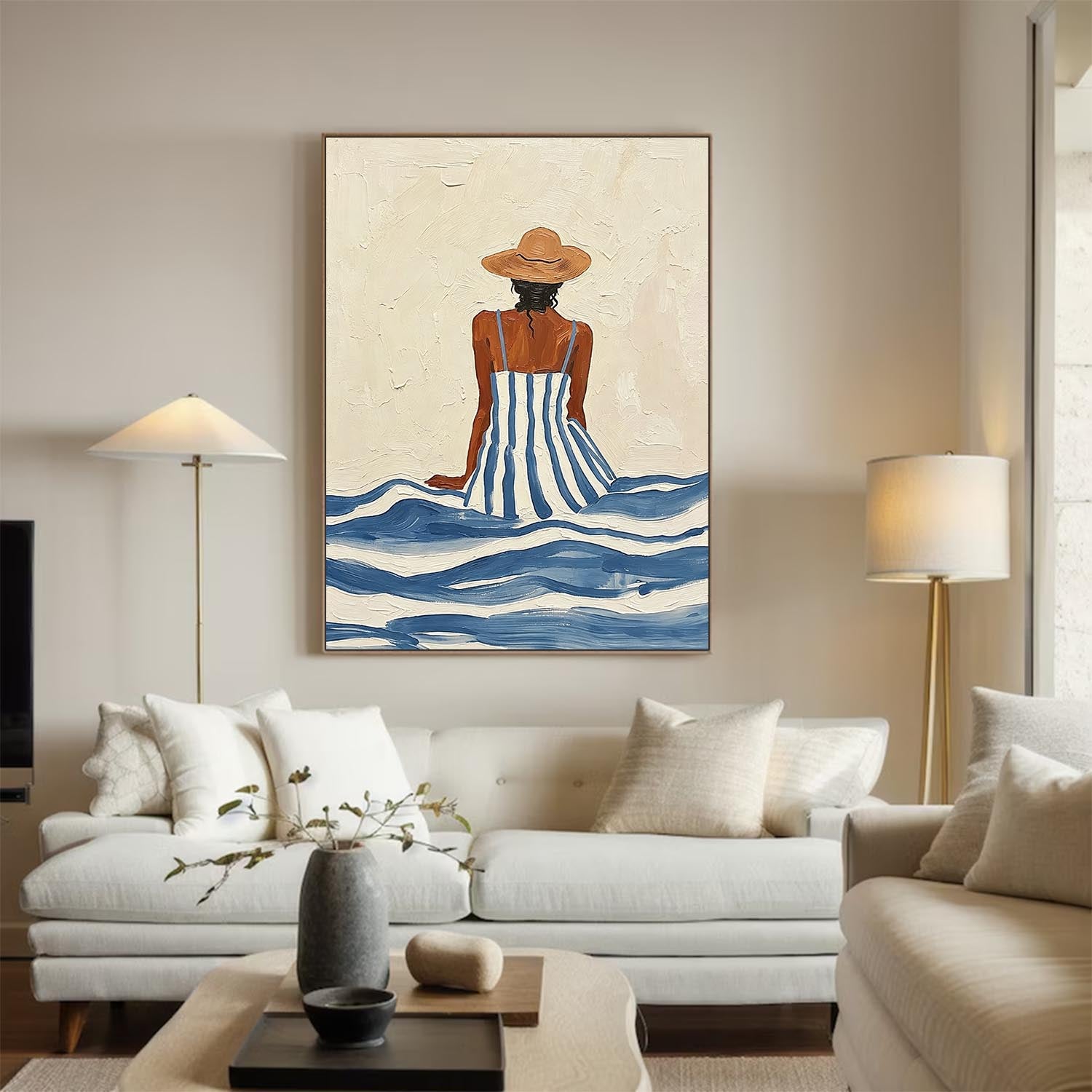 Summer Beach Wall Art – Woman Canvas Painting Coastal Canvas Artwork for Living Room