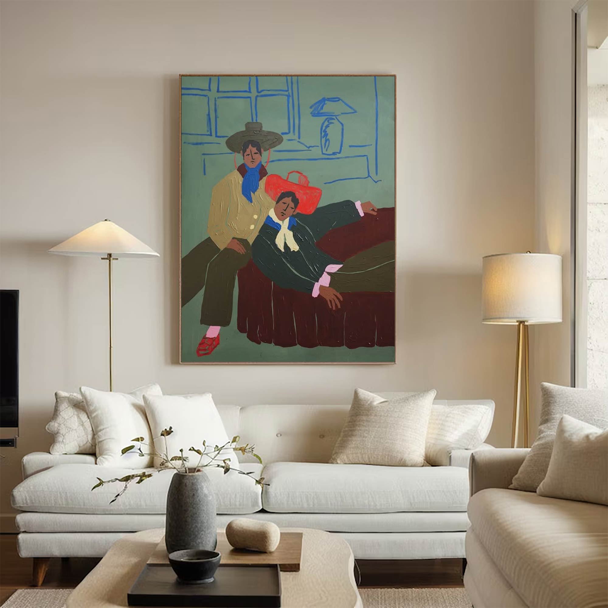 Bold Color Figurative Art folk art painting of two men in retro cowboy hats