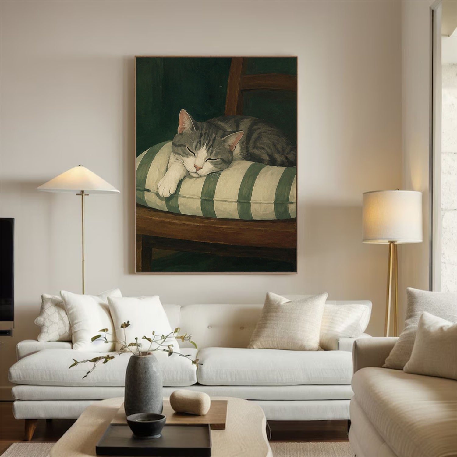 Mid-century Modern Sleeping Cat Oil Painting Modern Wabi-Sabi Style Pet Portrait art