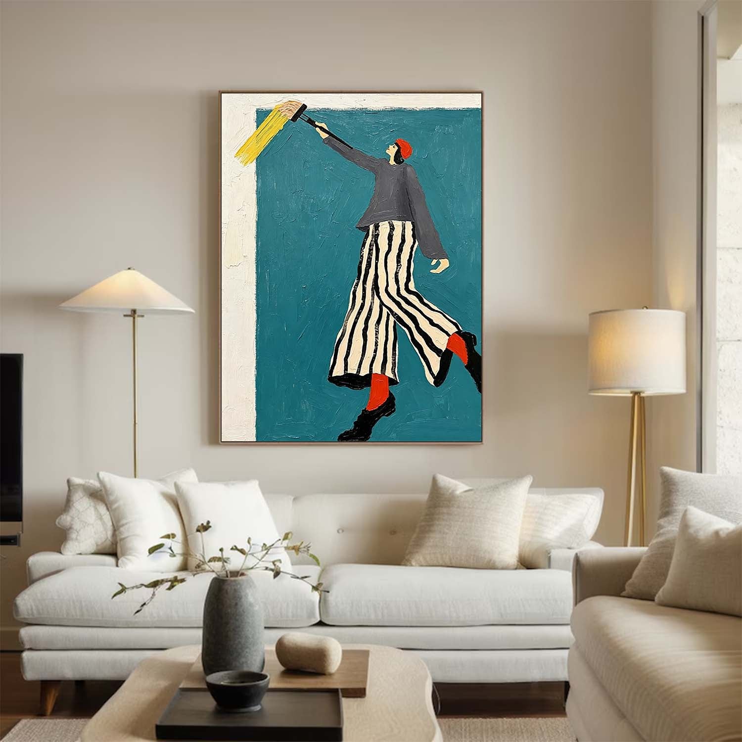 Modern Fashion Wall Art – Woman in Striped Skirt & Red Socks Canvas Painting – Chic Minimalist Home Decor, Stylish Canvas Artwork
