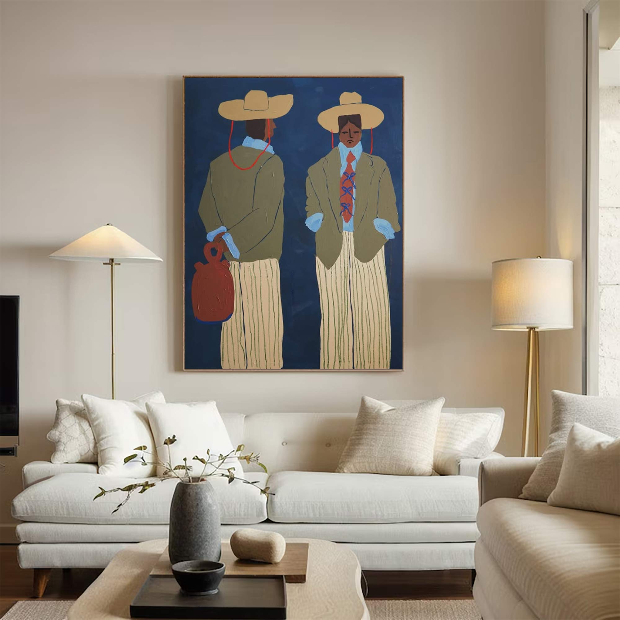 contemporary folk style male figure duo art Vintage Fashion Art Painting