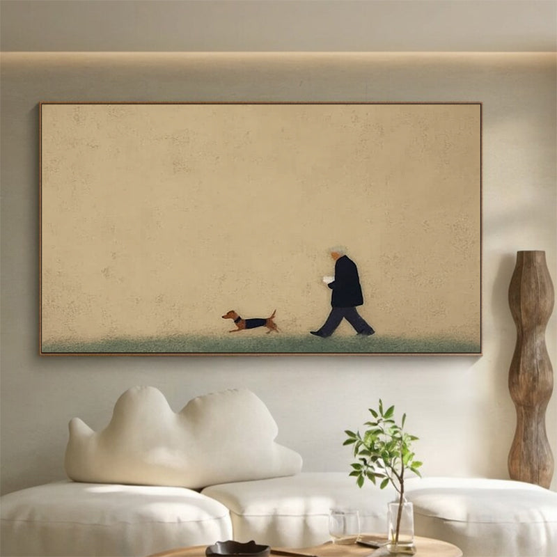 Man and Puppy Walking oil Painting Beige Minimalist Wall Art