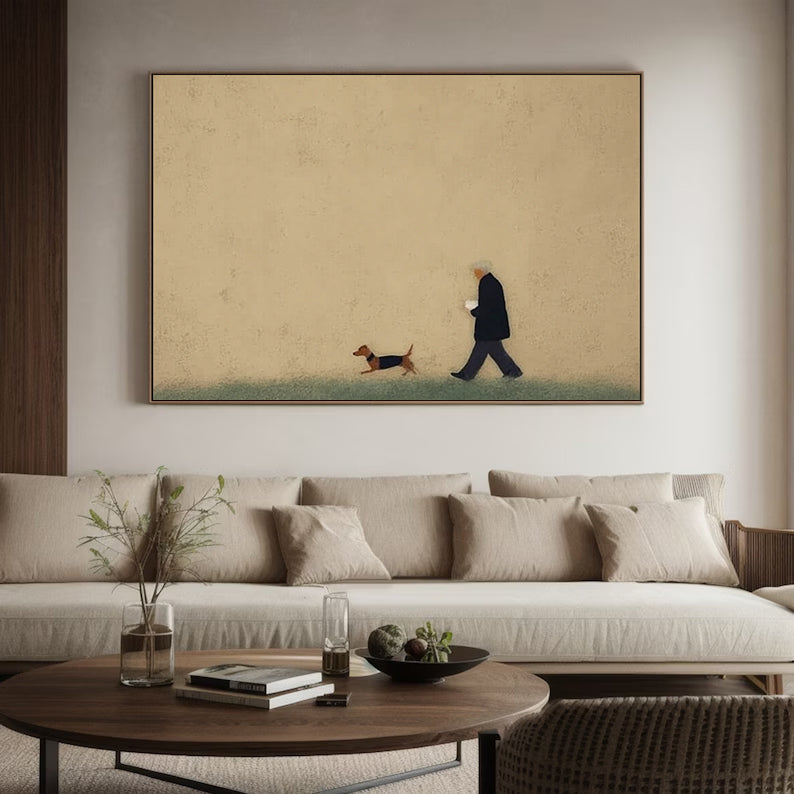 Man and Puppy Walking oil Painting Beige Minimalist Wall Art