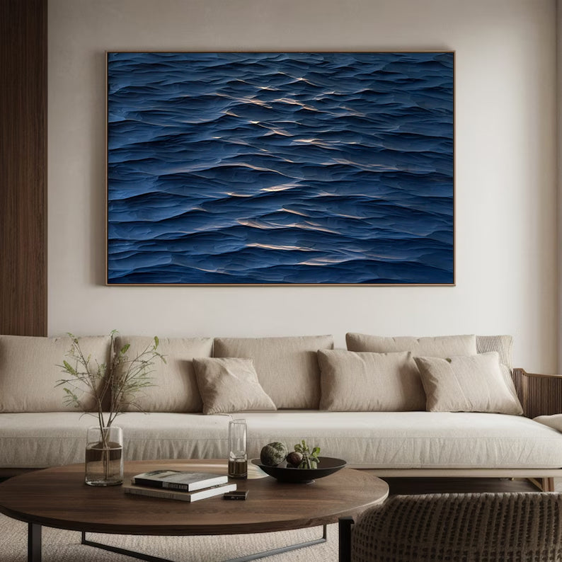 blue wave Wood Carving Wall Art: Abstract 3D Textured Sculpture art