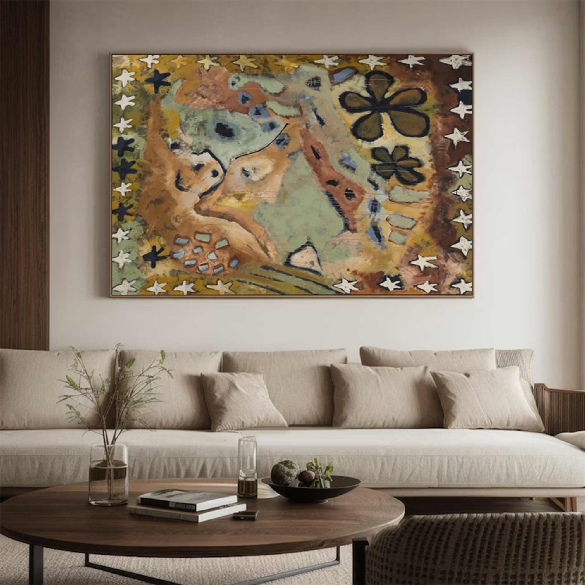 Brown graffiti art brown pop abstract art Earth-toned floral painting