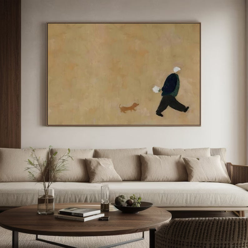 Man and Puppy Walking oil Painting Beige Minimalist Wall Art