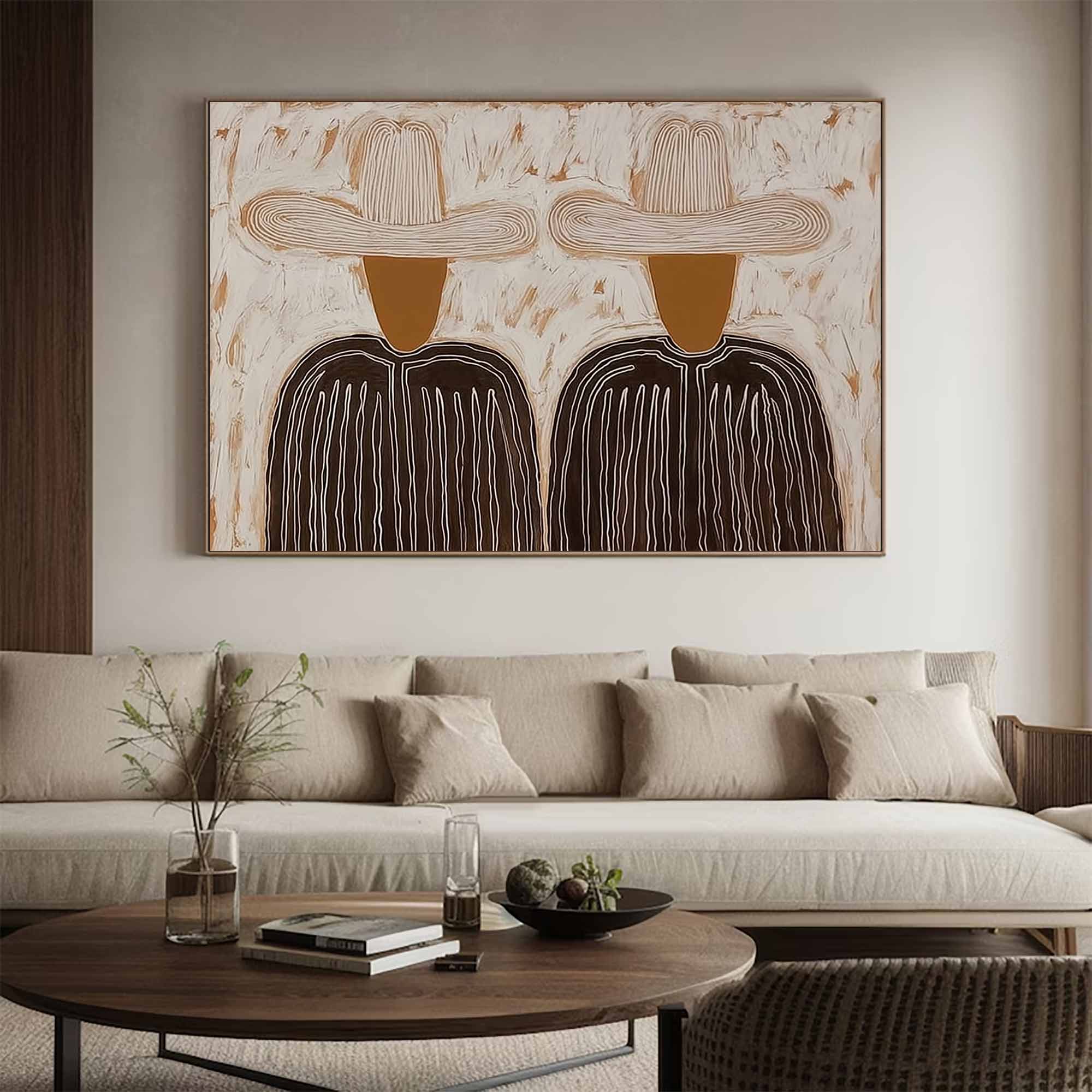 Minimalist character abstract art two cowboys with hats canvas painting