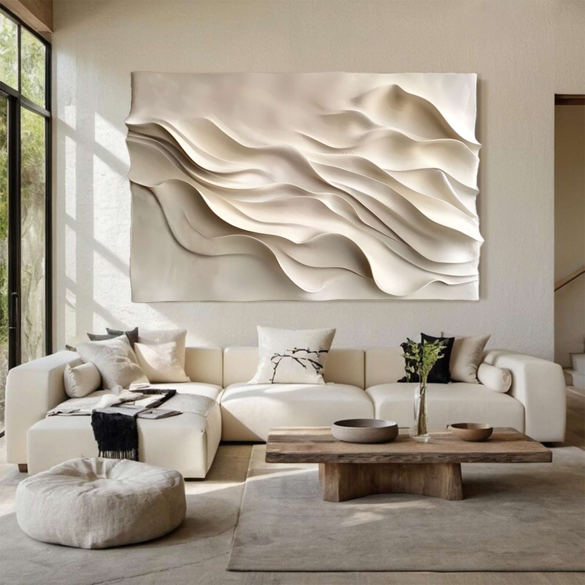 beige Textured Sculpture wall art Hand-Painted Wood Carving Wall Art 
