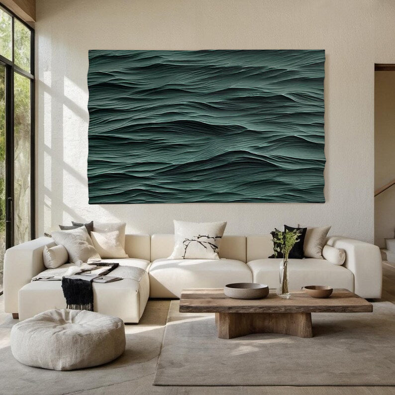 Green wave Wood Carving Wall Art: Abstract 3D Textured Sculpture art