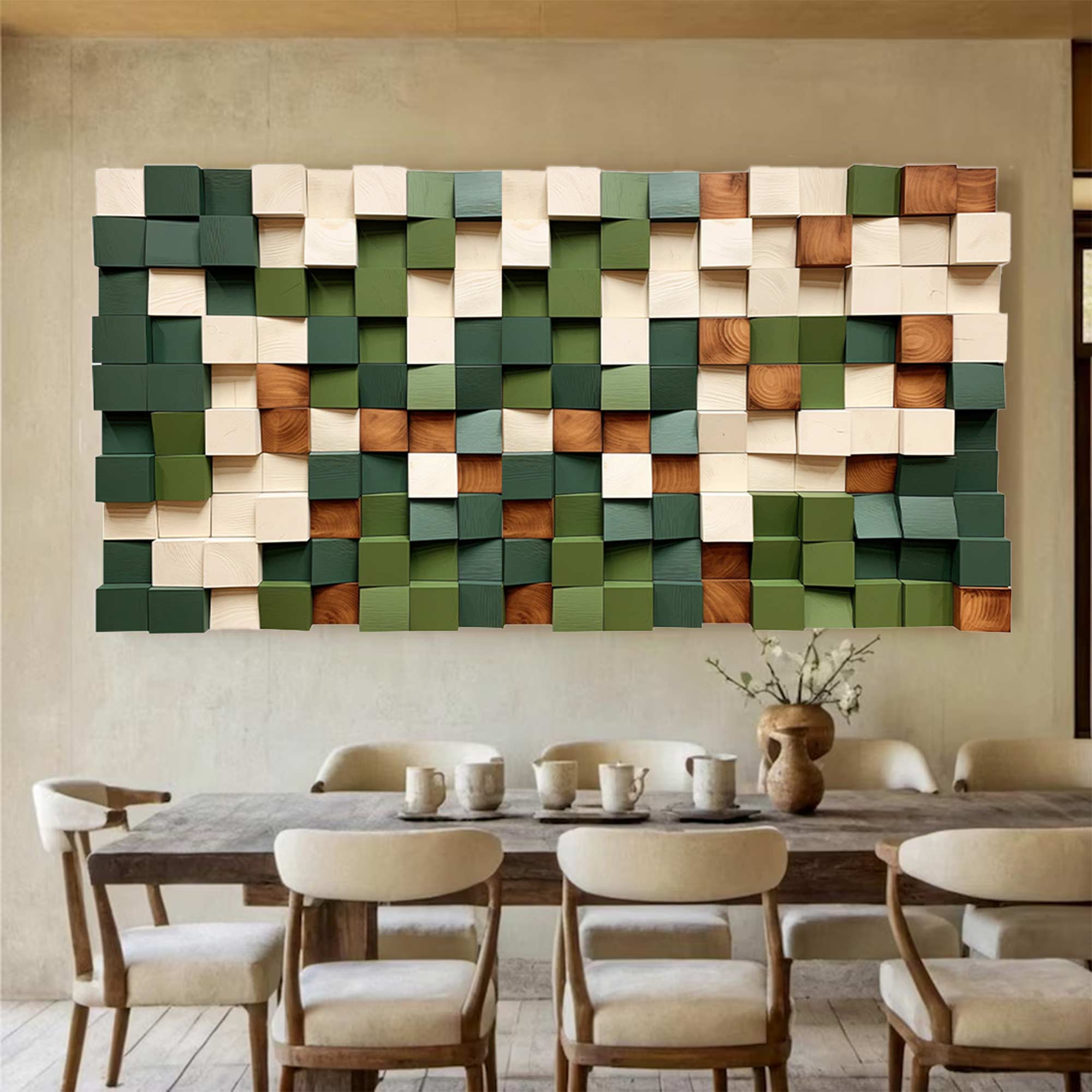 Green Geometric Wood Art Textured Wall Sculpture Wood carving wall art