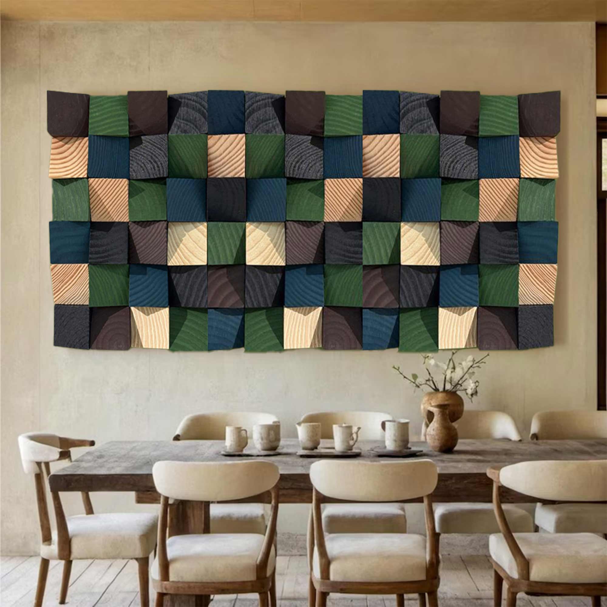 Green Geometric Wood Art Textured Wall Sculpture Wood carving wall art