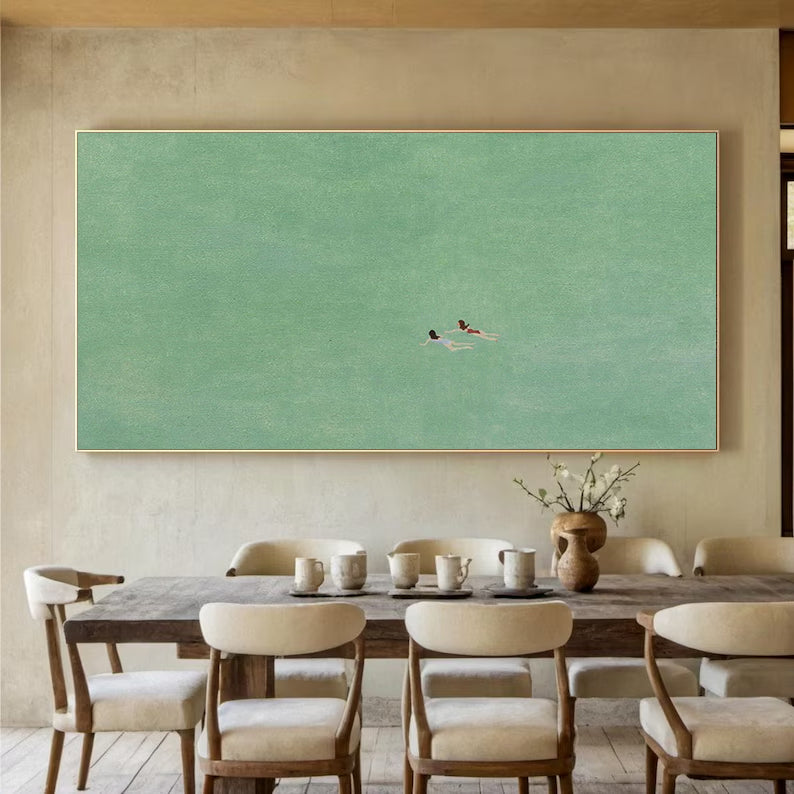 green abstract art two girls swimming painting green texture wall art