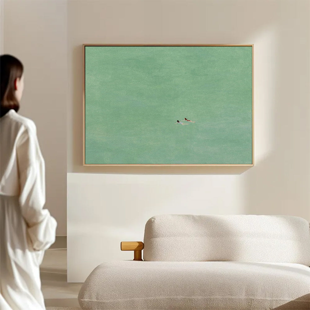 green abstract art two girls swimming painting green texture wall art
