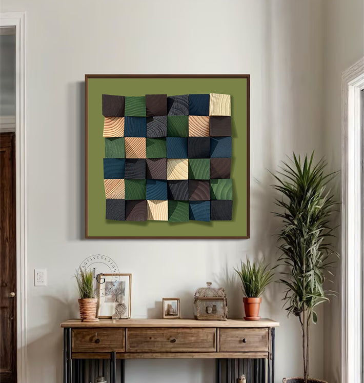 Green wood wall Textured Art Colorful Wood collage decor painting