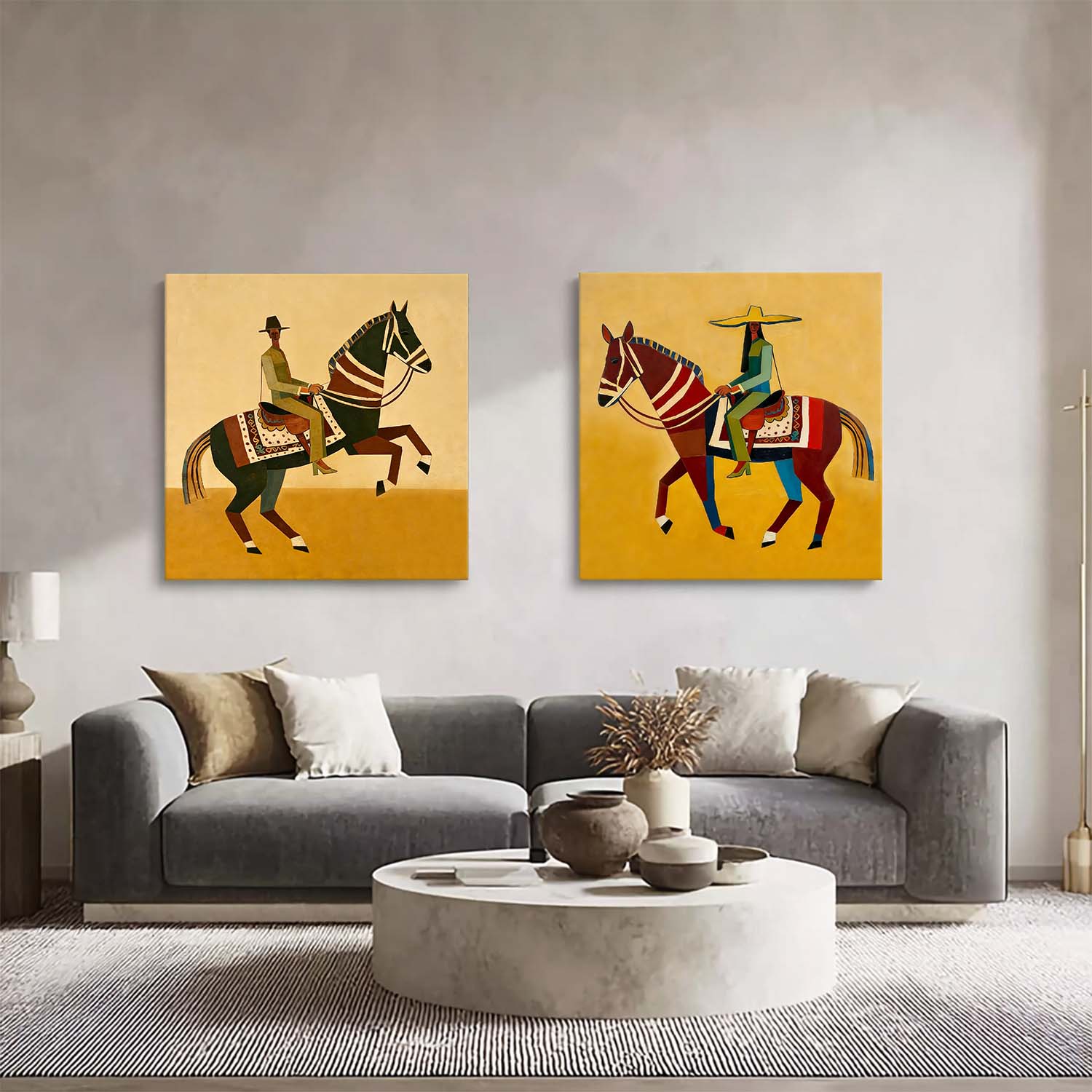 Set of 2 Abstract Colorful Equestrian Wall Art Vibrant Folk Art Horse & Rider Painting
