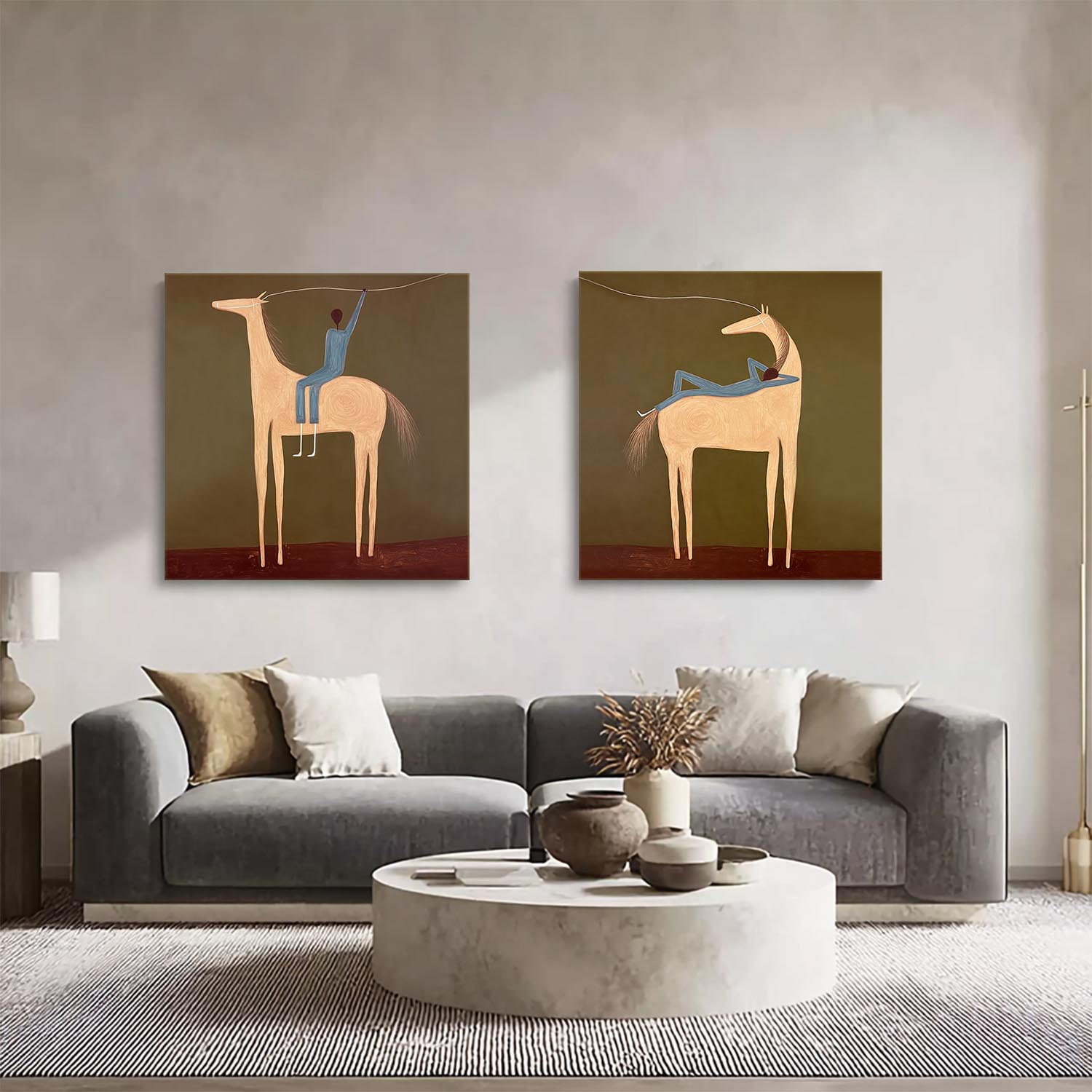 Earthy Tones Hand-Painted Canvas Art - Abstract Equestrian Silhouette for Modern Living Room