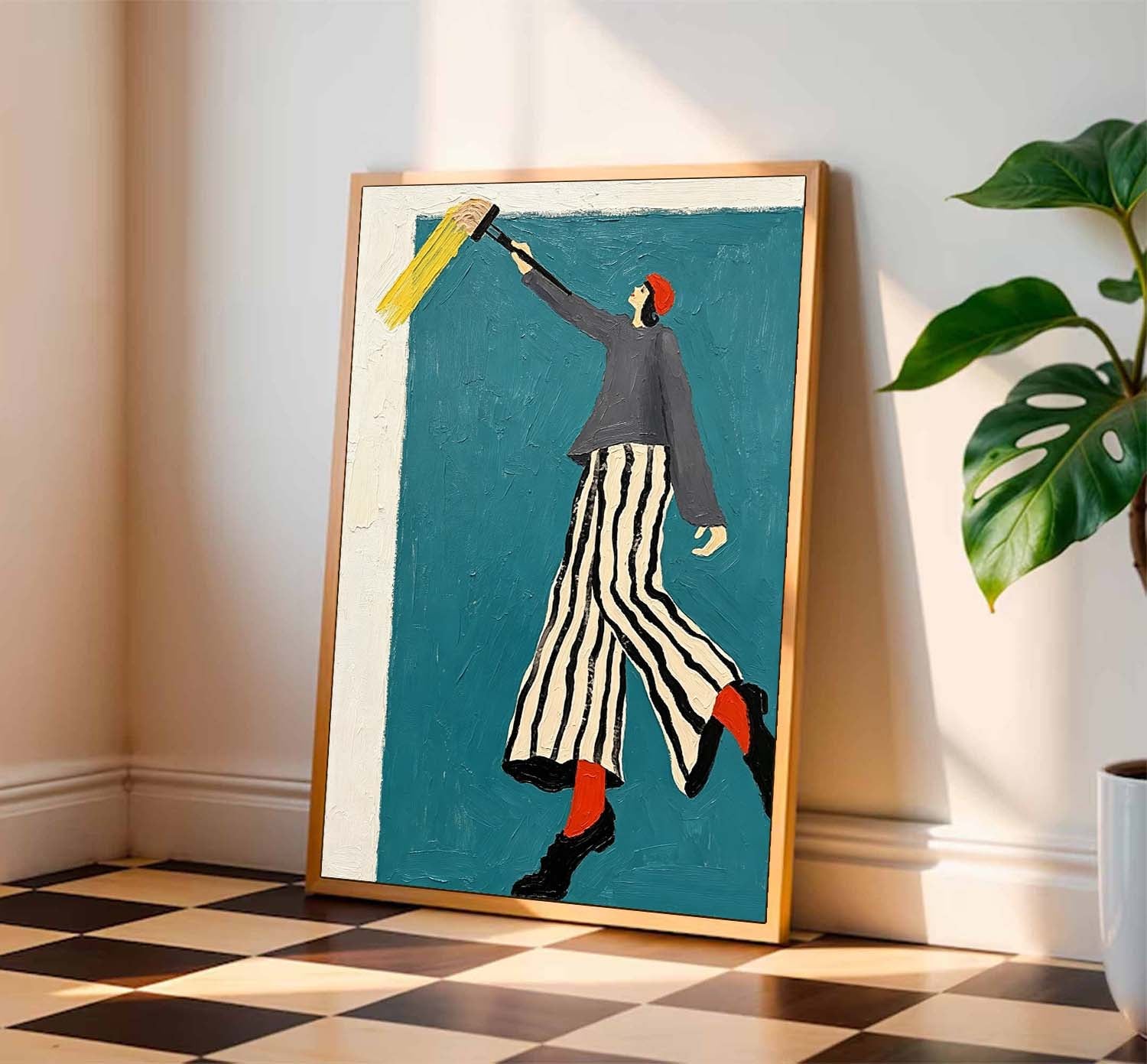 Modern Fashion Wall Art – Woman in Striped Skirt & Red Socks Canvas Painting – Chic Minimalist Home Decor, Stylish Canvas Artwork